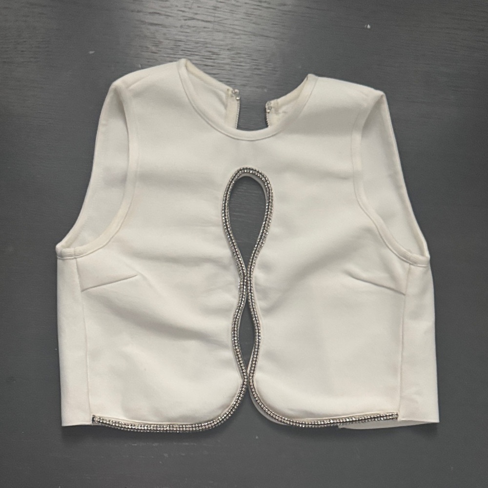 Elegant Bella Barnett Cream Sleeveless Top with Jeweled Silver Trim